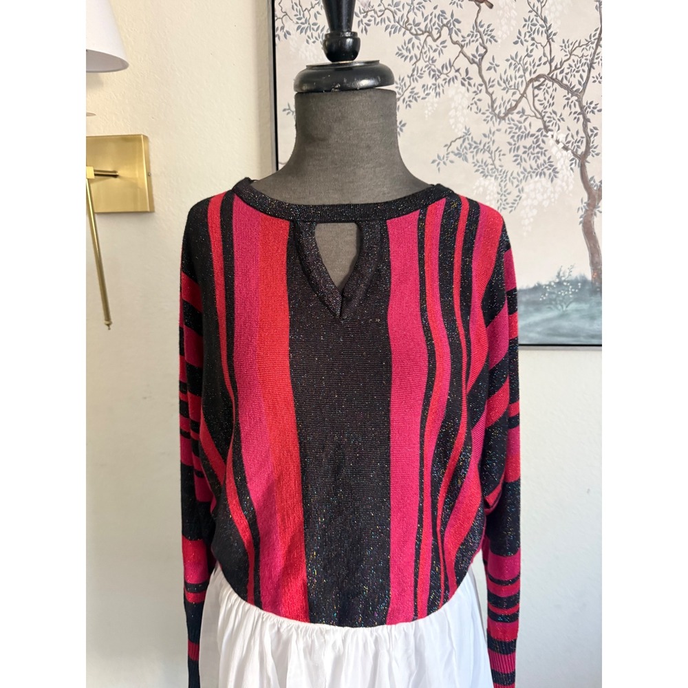Joseph A Womens Small‎ Red Pink Striped Glitter Knit Top Keyhole Neck Sweater